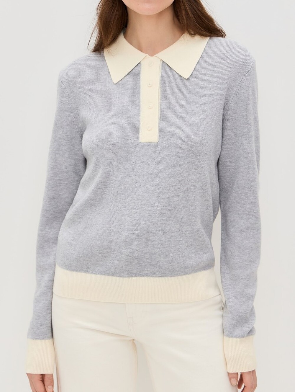 Re/Done Grey Cream Colorblock Merino Wool Long Sleeve Polo Sweater M